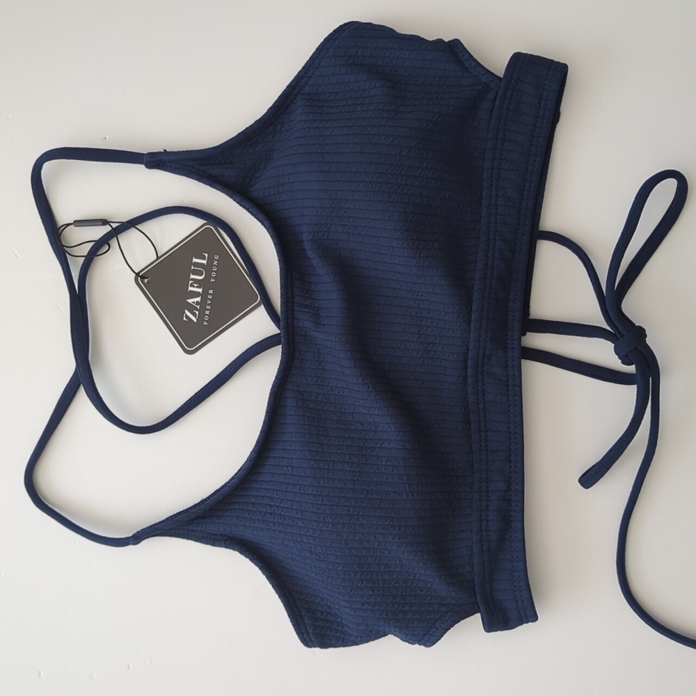 Zaful Swim Top Navy Blue Adjustable Straps Ribbed